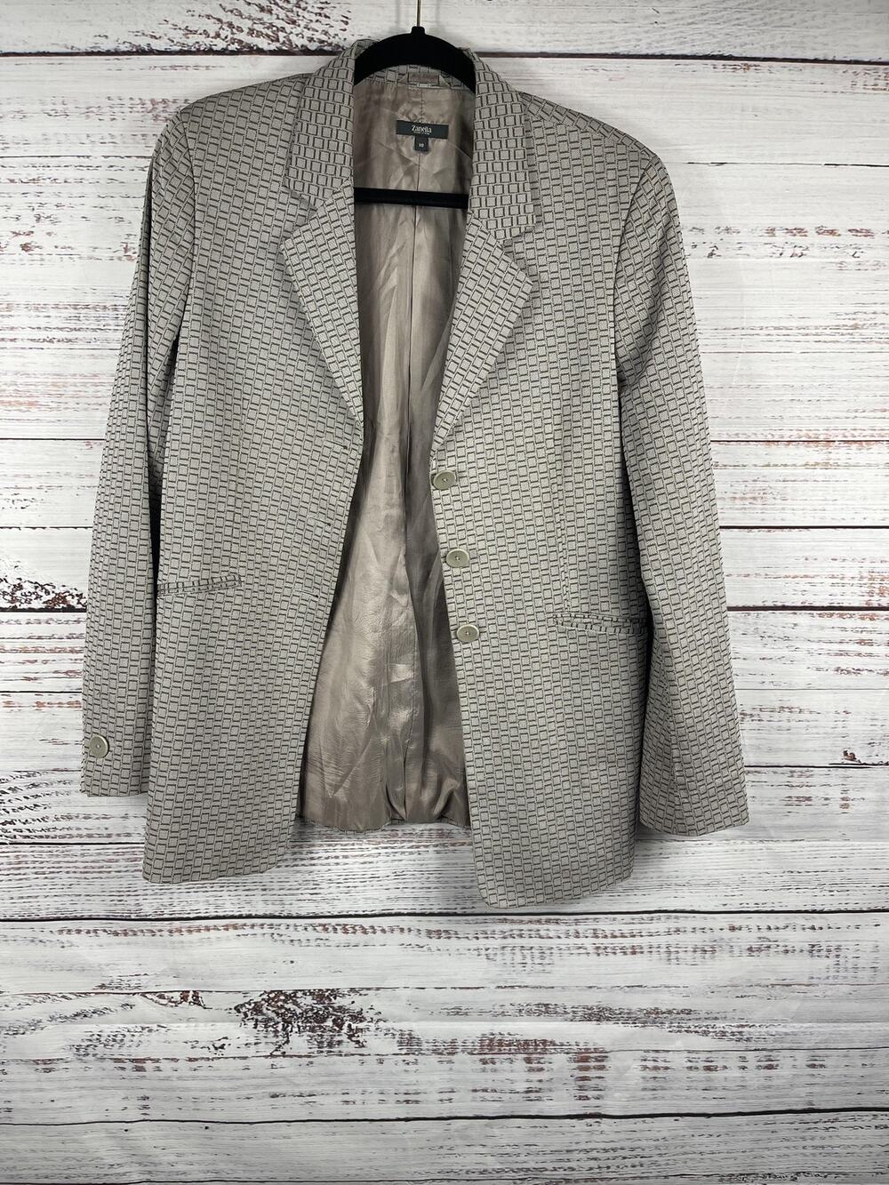 Zanella Blazer Women's Size 10 Gray Geometric Jacquard Button Stretch Made Italy